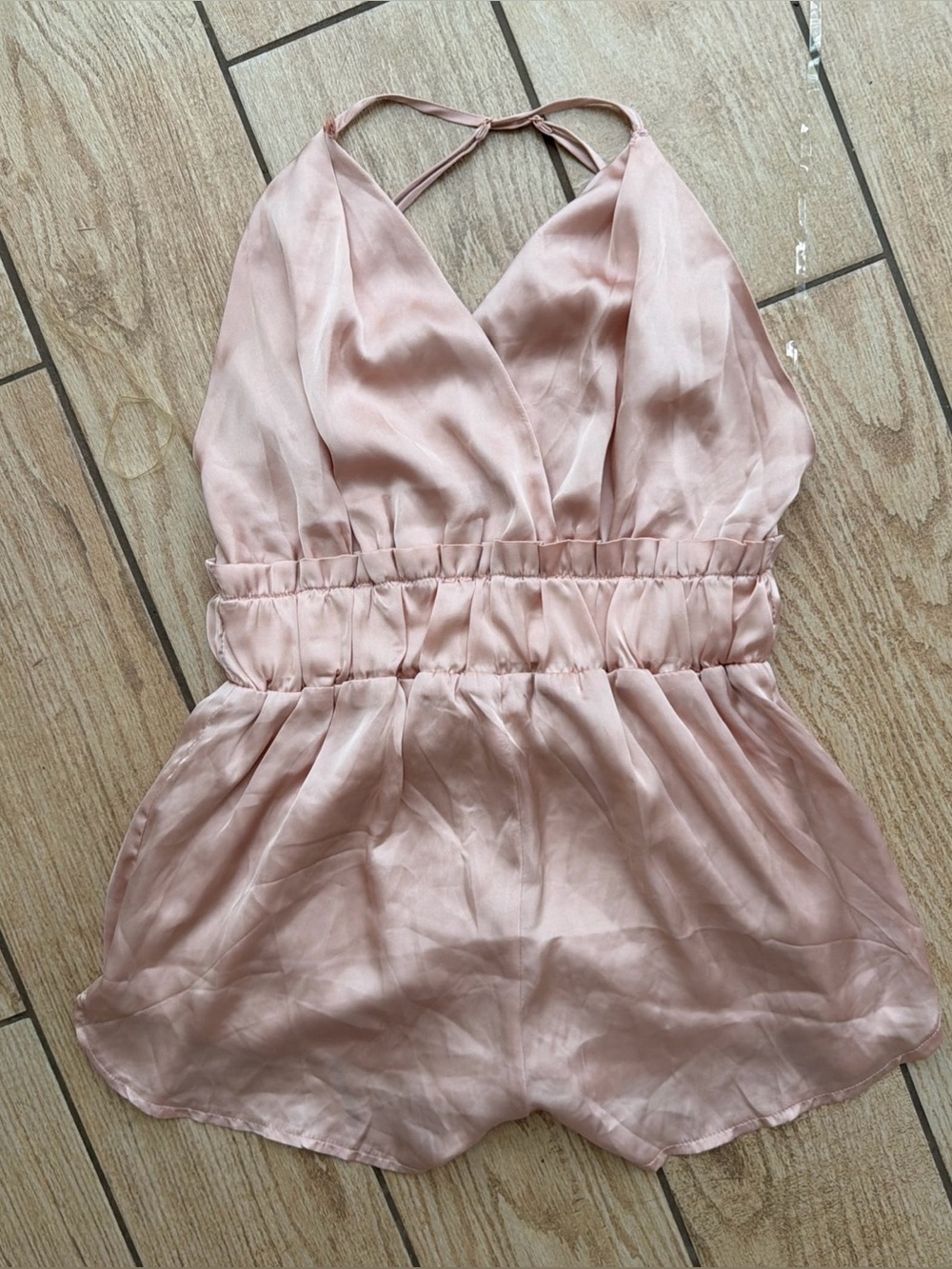 Shine Star  Rose Gold Satin Romper Womens Size Small S Cross Back Adj Straps